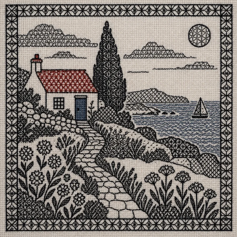 Blackwork Embroidery: Geometric infill drawn with dark thread