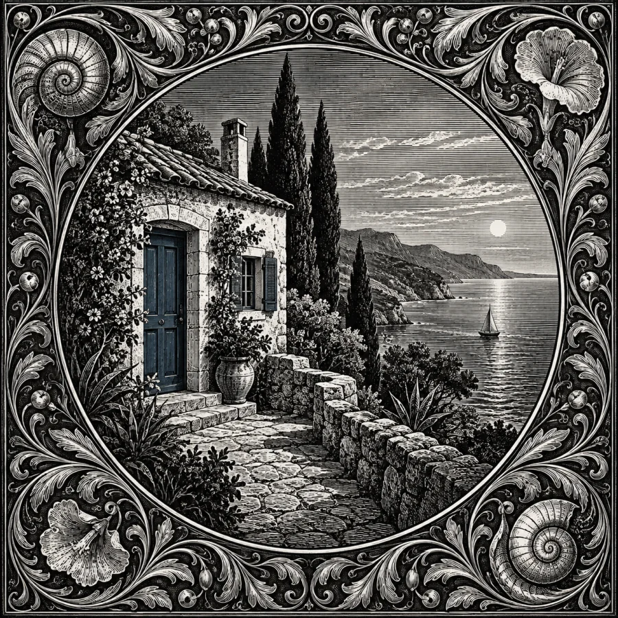 Blackwork Engraving: Dense ornamental darks with lace-like cut detail