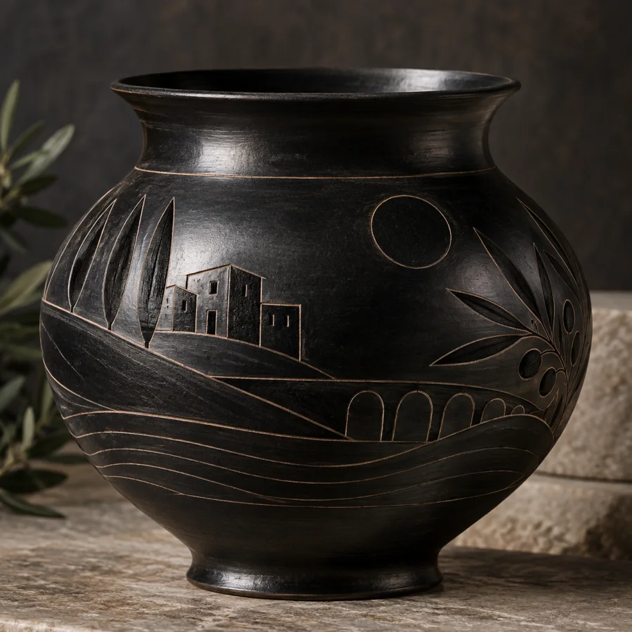 Bucchero Pottery: Deep black burnished earthenware, thin modeled walls and incised linear ornament.