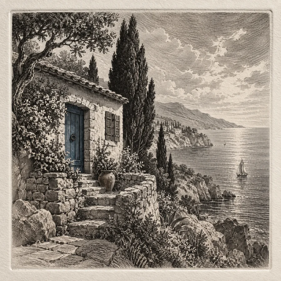 Burin Copperplate Engraving: Elegant tapered lines cut into metal