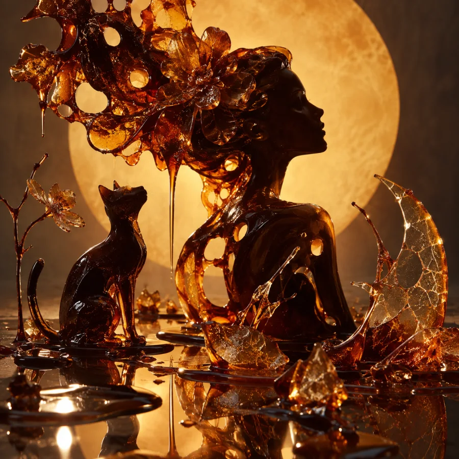 Burnt-Sugar Silhouette: Dark caramel cutout forms with amber translucent edges, glossy pools and brittle fractured highlights.