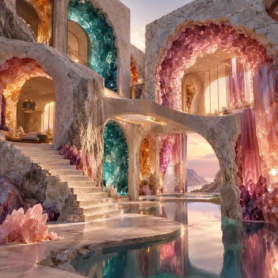 Candy-Geode Architecture: Architectural sections lined with sugar crystals, translucent colored cavities and matte mineral-like exteriors.