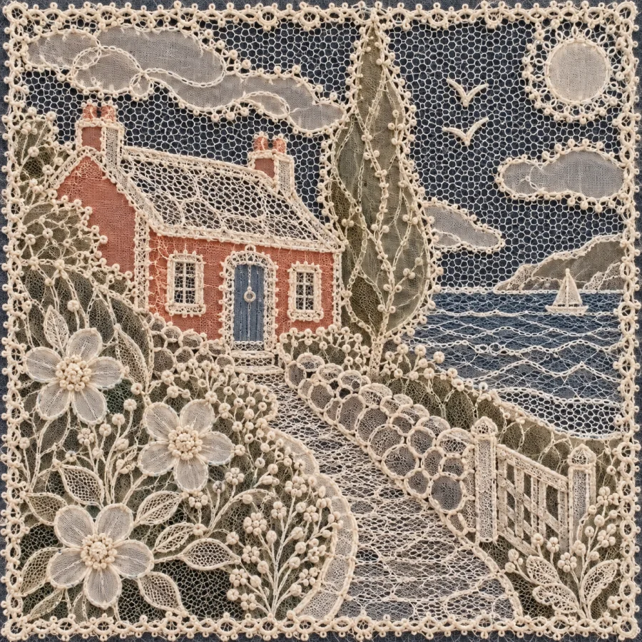 Carrickmacross Lace: Sheer applique shapes edged with fine thread