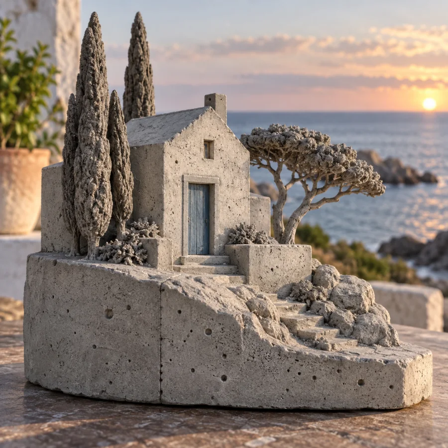 Cast-Concrete Sculpture: Heavy quiet volumes and porous mineral texture