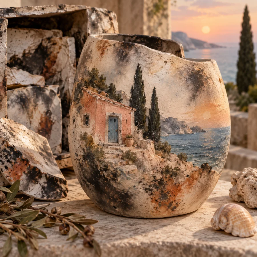 Ceramic Sagger Firing: Smoke and mineral traces across pale clay
