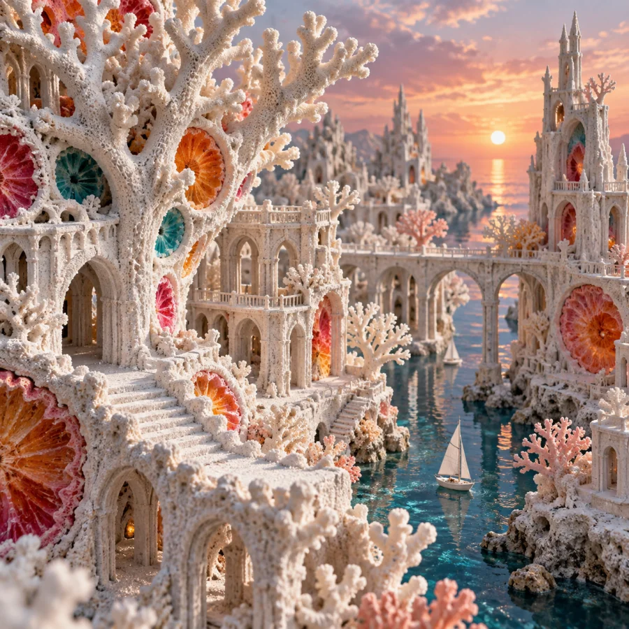 Chalk Coral City: Tiny branching chalk structures arranged as urban architecture, powdery white dust and bright colored cross-sections.
