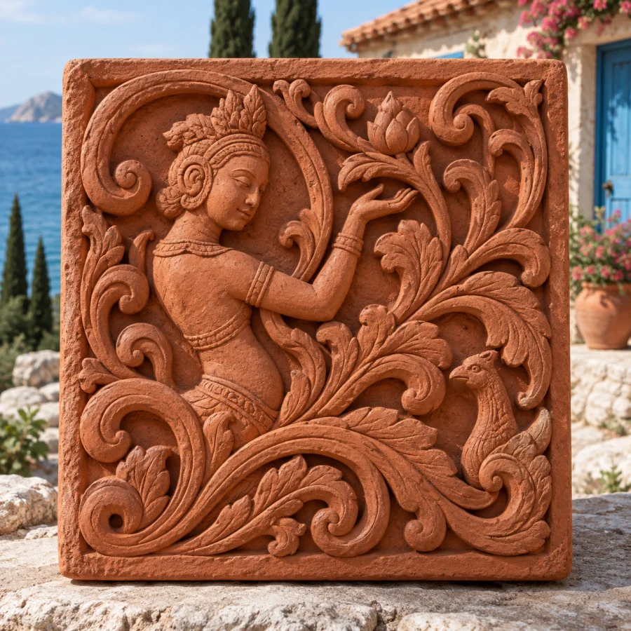 Cham Terracotta Relief: Warm clay ornament and vigorous curved forms