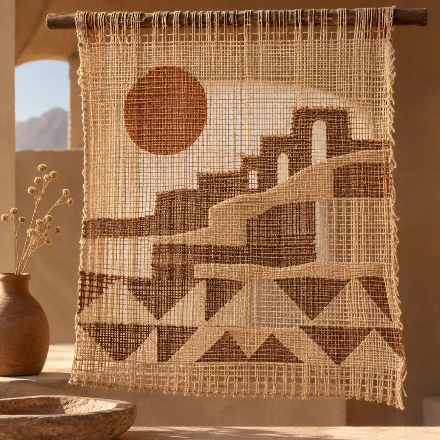 Chancay Gauze Weaving: Open cotton gauze, delicate interlaced geometric structures and warm natural fibers.