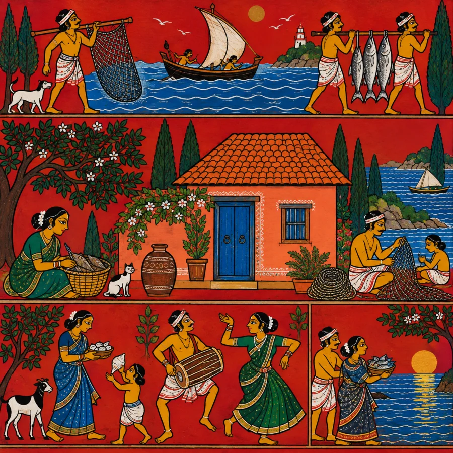 Cheriyal Scroll Painting: Bold narrative forms on a warm red ground