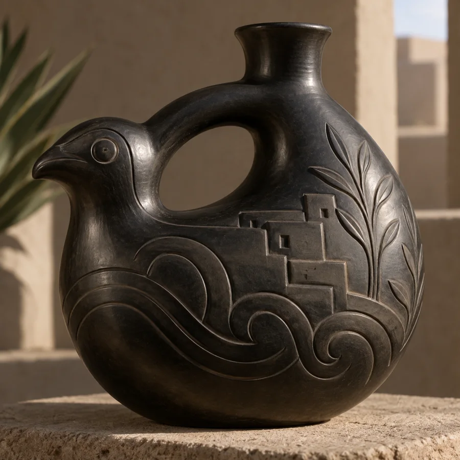 Chimú Blackware: Smoke-black molded ceramic, polished rounded volumes and low relief surface details.