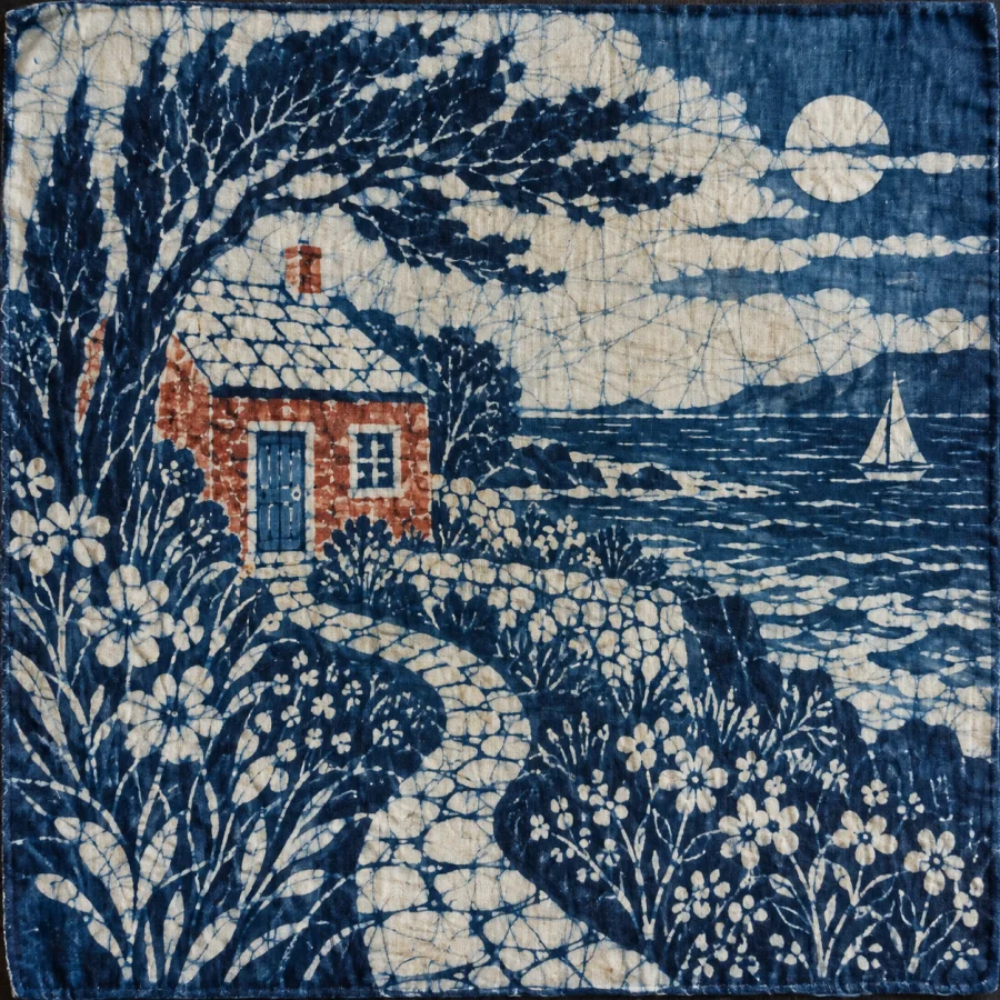 Chinese Batik Wax-Resist: Fine crackled white lines in indigo fields