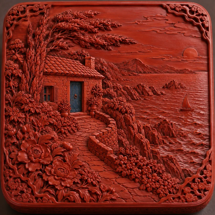 Chinese Carved Cinnabar Lacquer: Deep red relief carved through many layers