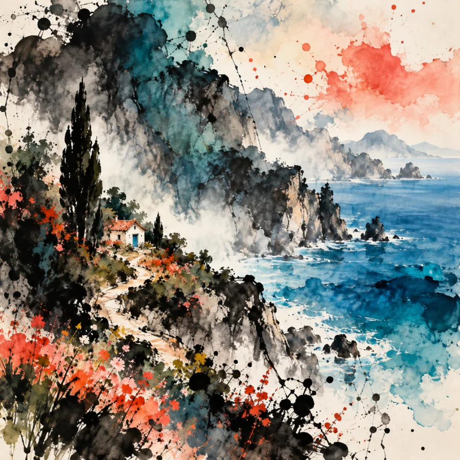 Chinese Splash-Ink Landscape: Terrain emerging from broad ink accidents