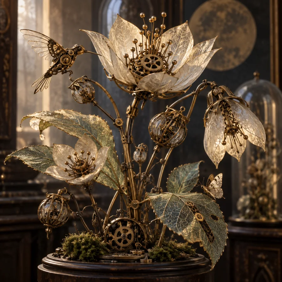 Clockwork Herbarium: Botanical structures assembled from tiny brass escapements, translucent leaves and precise articulated stems.