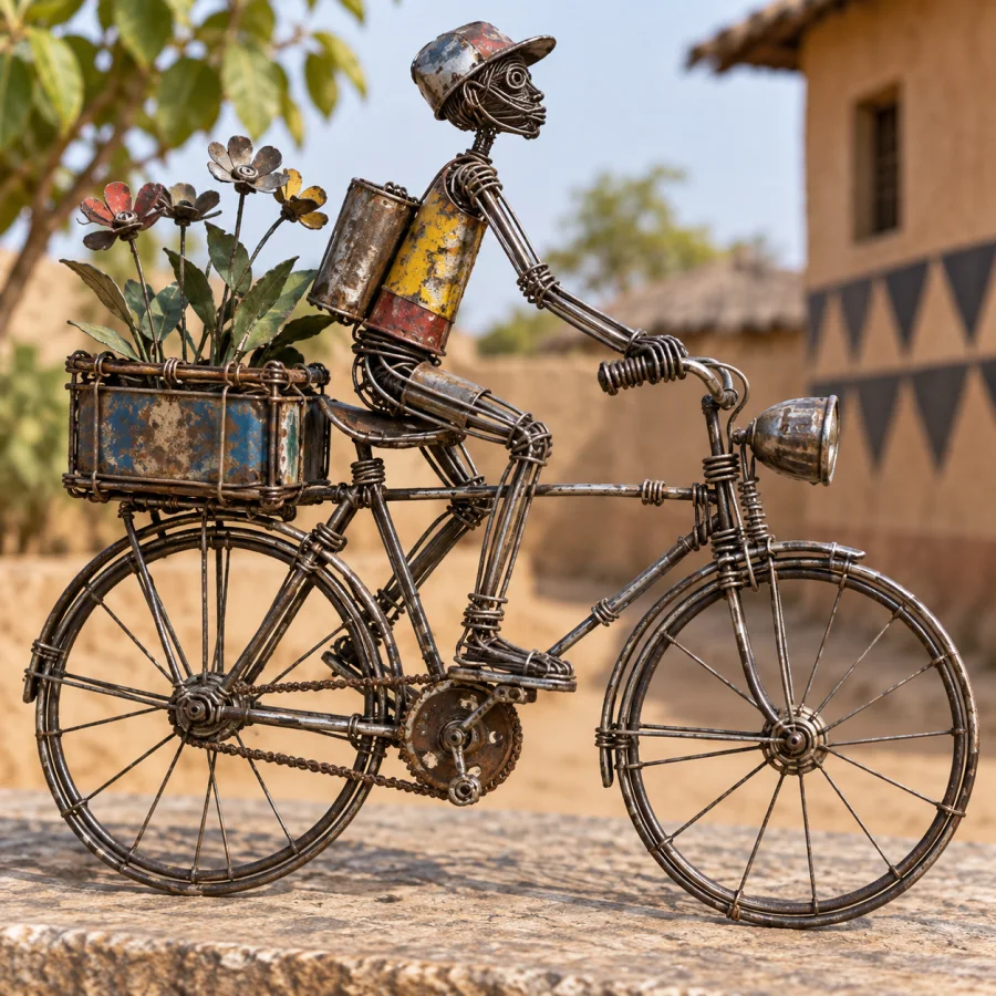 Congolese Wire-Toy Sculpture: Ingenious hand-bent wire frameworks with recycled metal details, visible joins and airy miniature engineering.