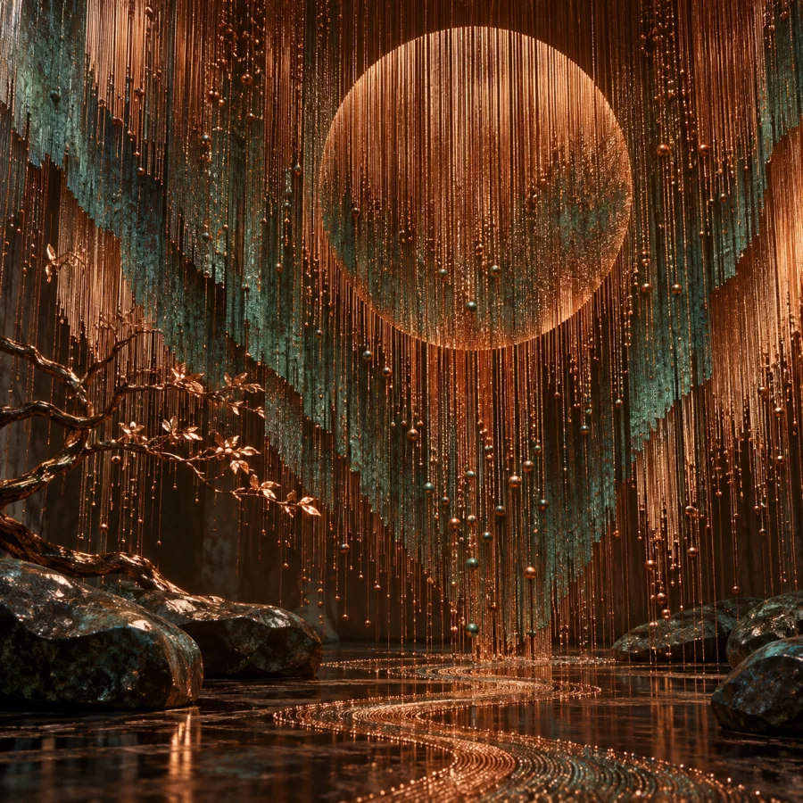 Copper Rain Tapestry: Thousands of fine copper threads suspended like rainfall, oxidized gradients and woven shimmering depth.