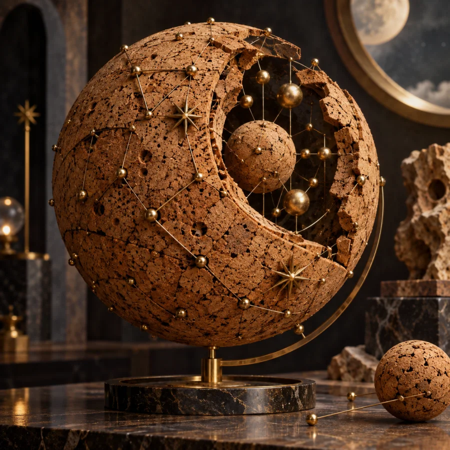 Cork Constellation Relief: Warm cork fragments arranged into raised stellar geometry, porous texture and tiny brass connecting pins.