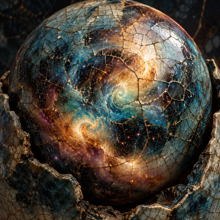Cracked-Glaze Nebula: Cosmic abstract color clouds trapped beneath a close network of ceramic glaze cracks.