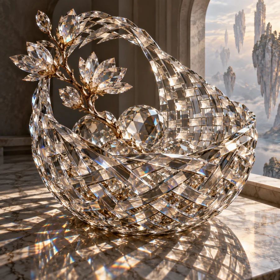 Crystal Wickerwork: Basket-like interlacing made from transparent angular crystals, precise crossings and refracted geometric shadows.