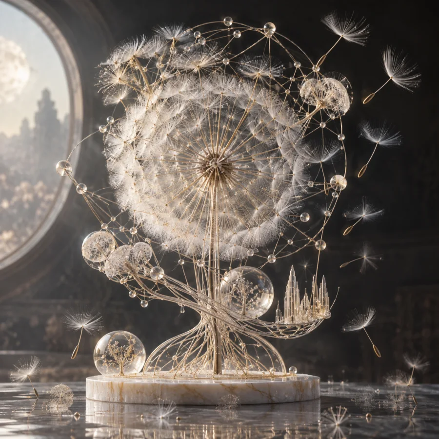Dandelion Data Sculpture: Information-like branching structures built from seed filaments, delicate pale geometry and airy translucent density.