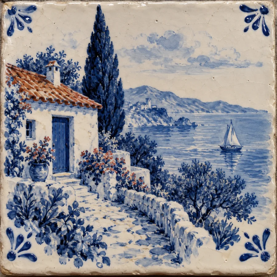 Delftware Tile Painting: Blue pictorial brushwork on pale tin glaze