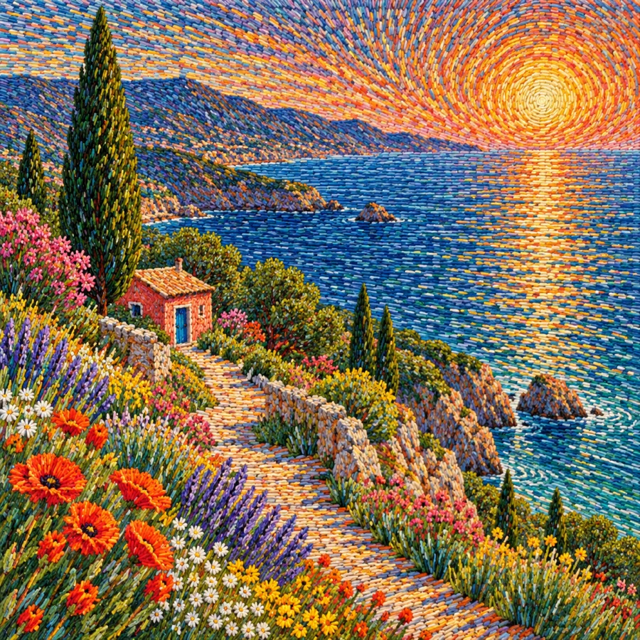 Divisionist Filament Painting: Light woven from fine chromatic strokes