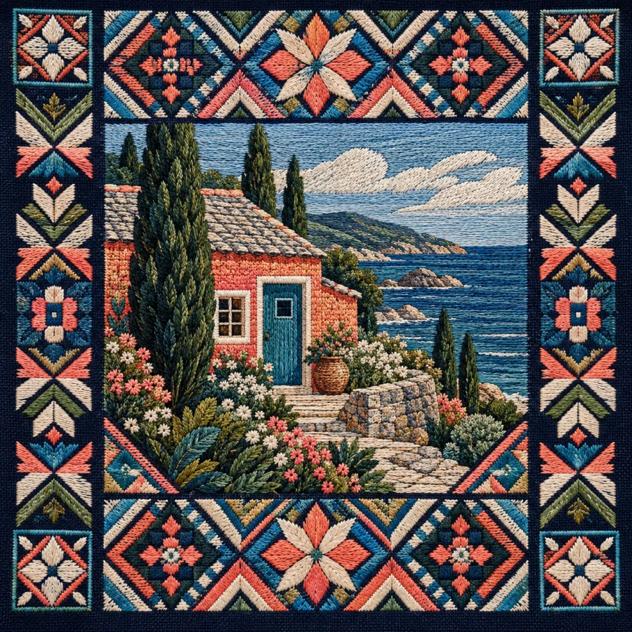 Dong Embroidery: Saturated stitched geometry with crisp rhythm