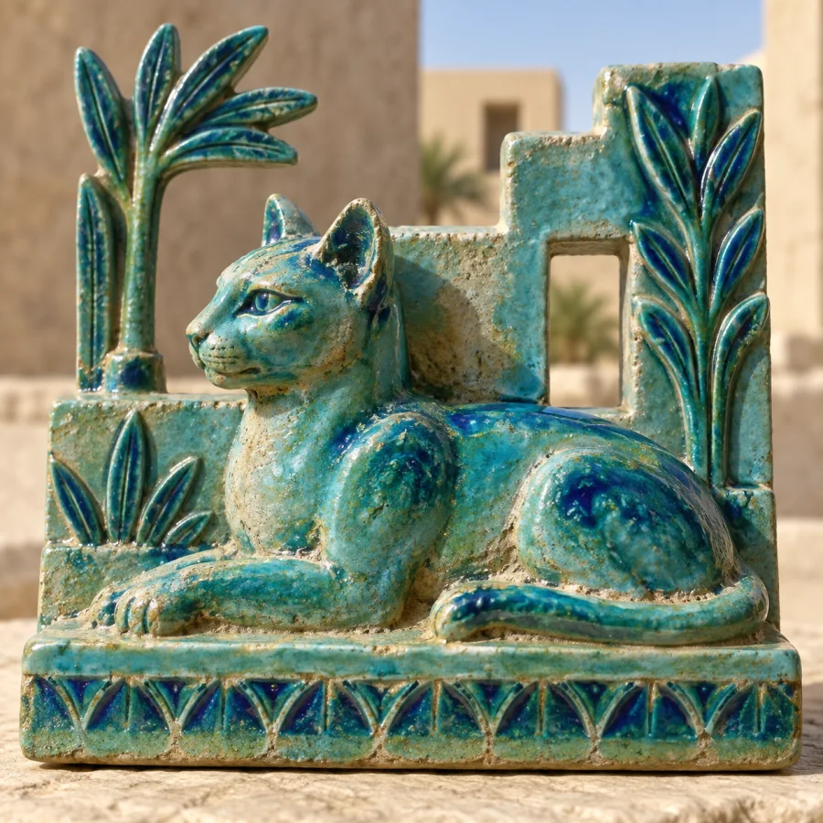 Egyptian Faience: Luminous turquoise silica glaze with sandy pale core, molded details and pooling blue-green color.