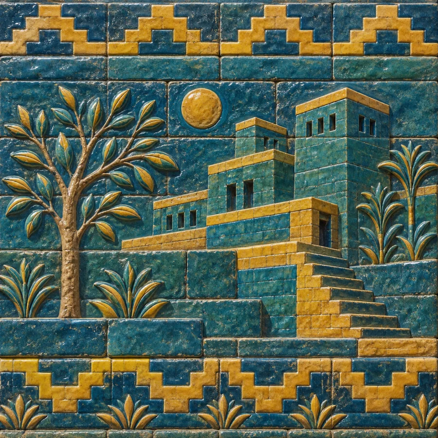 Elamite Glazed Brick: Raised molded brick modules, blue-green and yellow glazes, repeated stepped geometry.