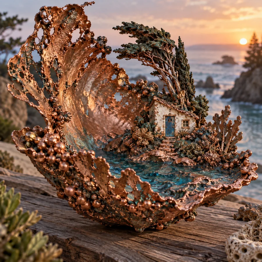 Electroformed Copper Sculpture: Metal grown around irregular organic forms
