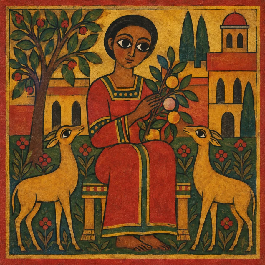 Ethiopian Manuscript Painting: Bold outlines, saturated red-yellow-green planes and rhythmic frontal compositions adapted to secular imagery.