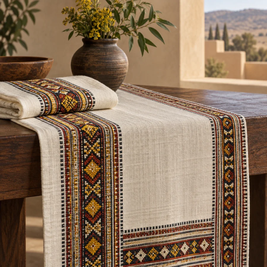 Ethiopian Tibeb Weaving: Fine cotton cloth edged with intricate colored supplementary-weft geometric bands and crisp narrow repeats.