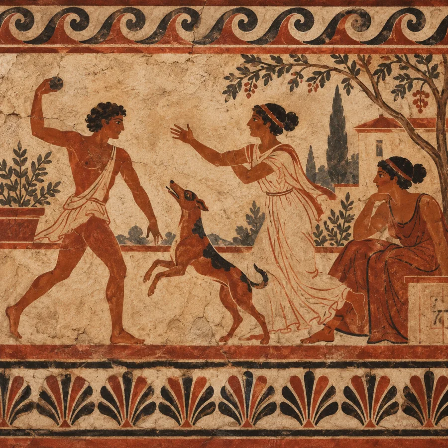 Etruscan Tomb Painting: Earth-red and black contours, warm plaster ground, lively flattened gestures and rhythmic borders.