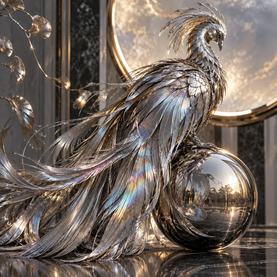 Feathered Chrome: Reflective metal surfaces split into delicate feather-like filaments, directional iridescence and soft mechanical plumage.