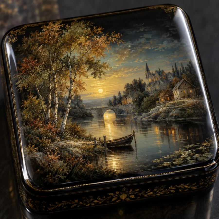 Fedoskino-Inspired Lacquer Painting: Tiny naturalistic oil-painted scenes on glossy dark lacquer with translucent layers over metallic reflective ground.