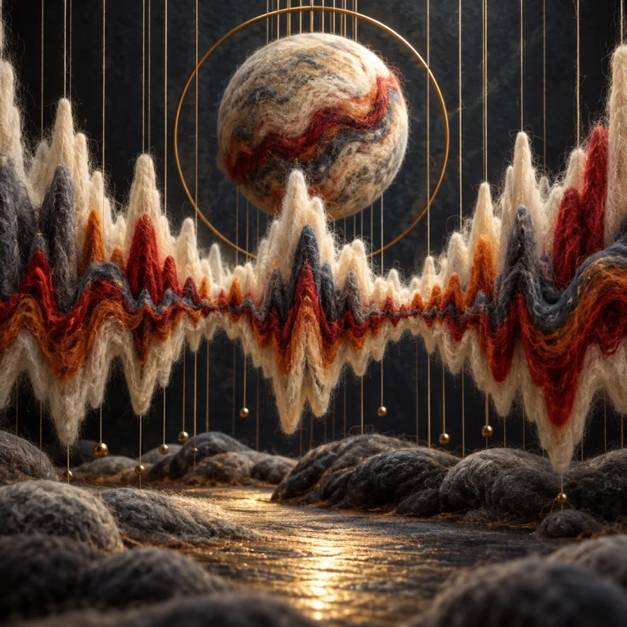 Felted Seismograph: Soft wool fibers arranged into vibrating waveform bands, dense fuzzy ridges and restrained color sequences.