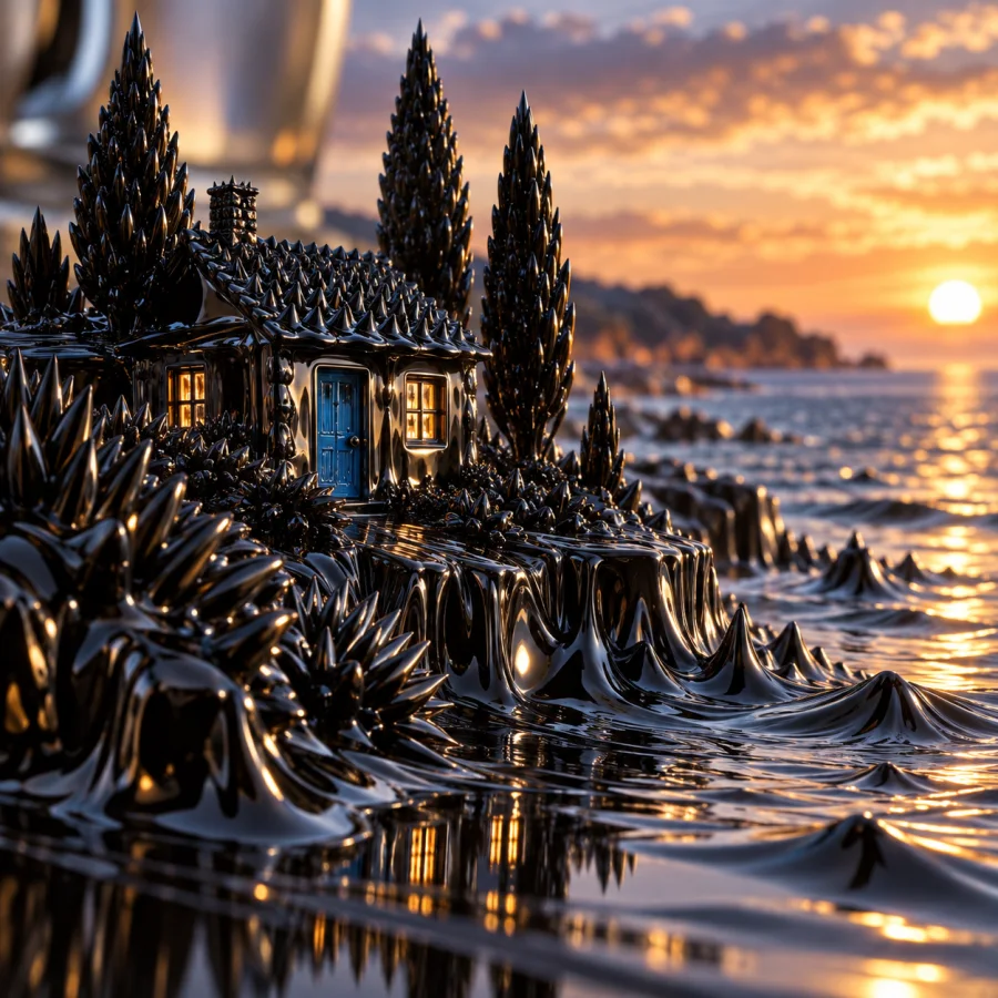 Ferrofluid Photomacro: Black magnetic peaks in precise close-up light