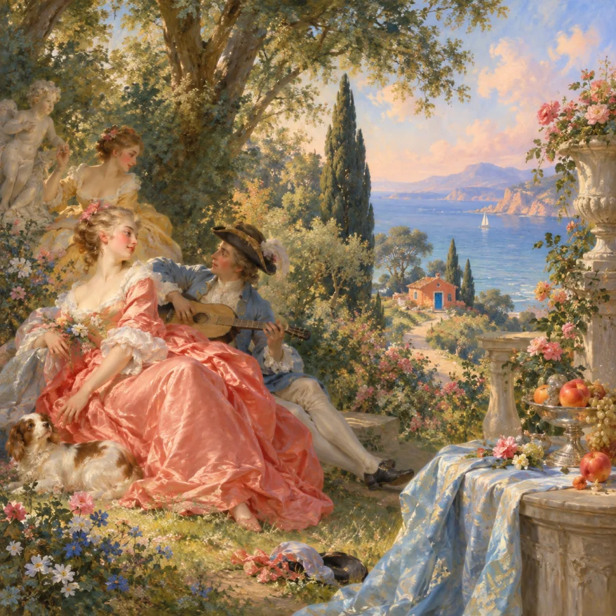 Fête Galante Painting: Intimate leisure in dreamlike parkland