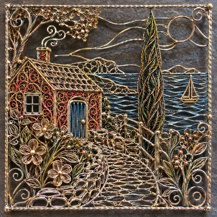 Filigree Metalwork: Fine wire curls joined into airy structures