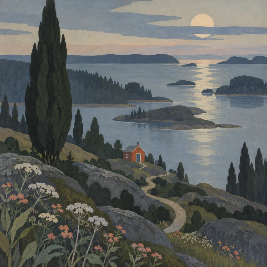 Finnish Symbolist Landscape: Still terrain with inward emotional resonance