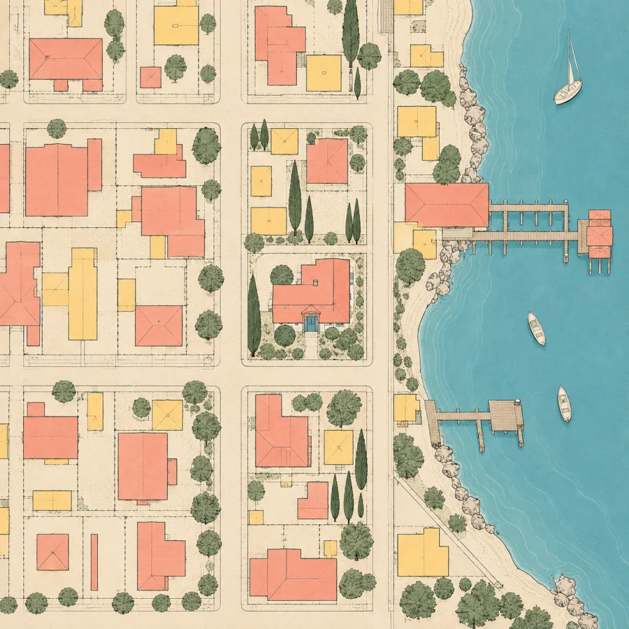 Fire-Insurance Map Aesthetic: Color-coded footprints and precise block structure