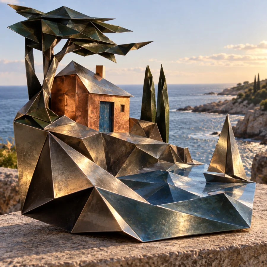 Folded Metal Sculpture: Sharp planar turns in reflective sheet material