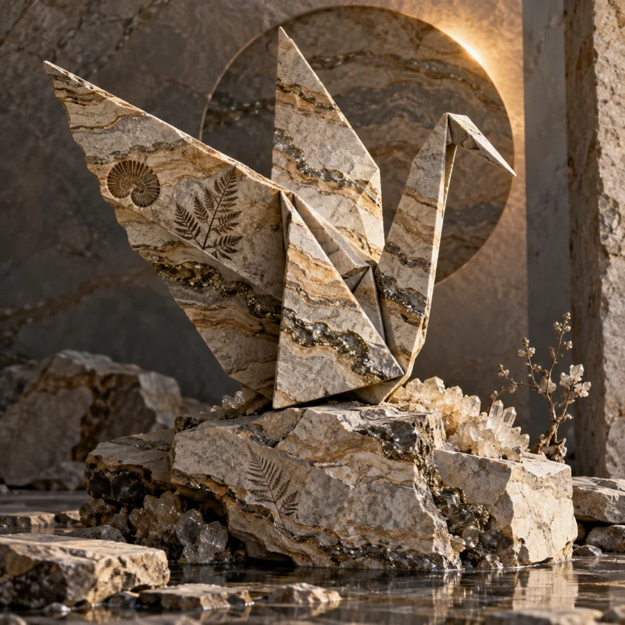 Fossilized Origami: Folded paper forms transformed into layered limestone with sediment seams and embedded mineral traces.