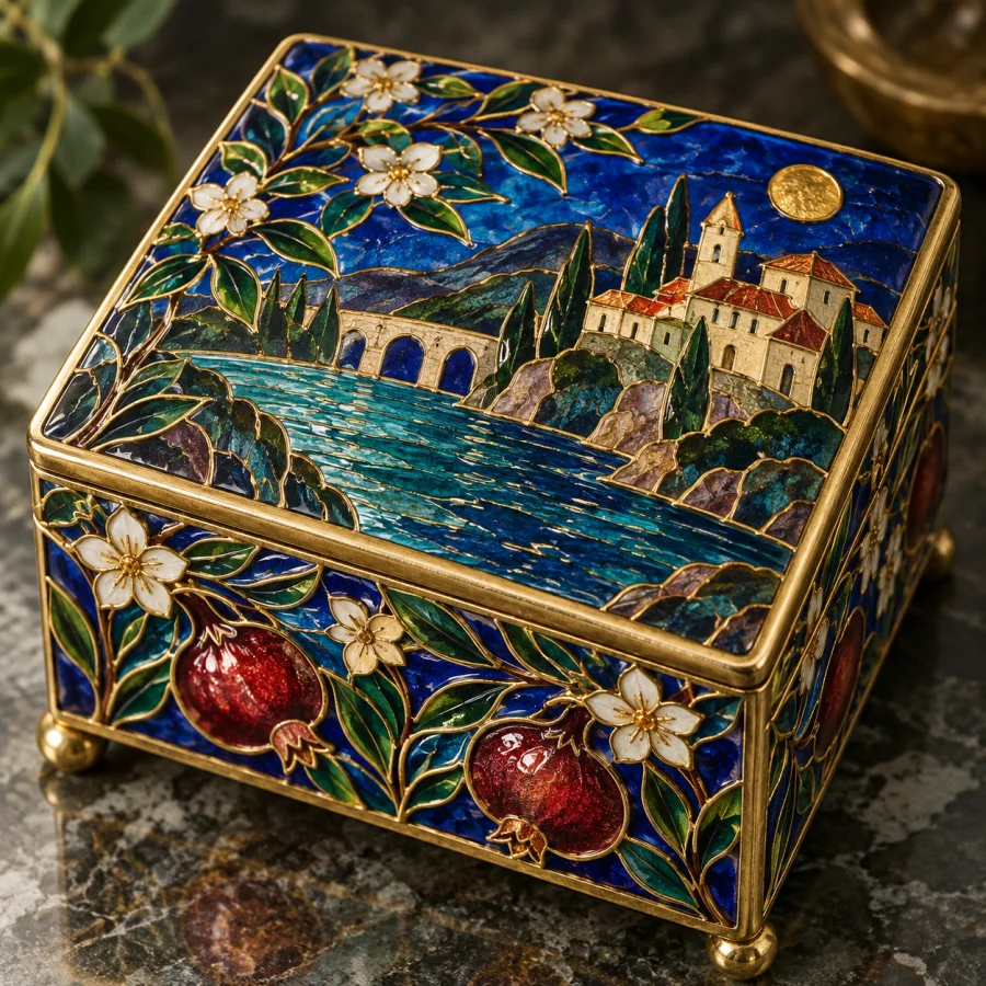 Georgian Cloisonne Enamel: Fine gold partitions filled with luminous jewel-colored enamel and small glinting surface variations.
