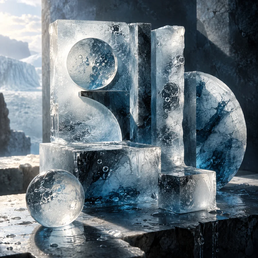 Glacier Type Foundry: Letterpress-like abstract blocks carved from cloudy glacier ice, trapped bubbles, blue refracted shadows and melt-softened edges.