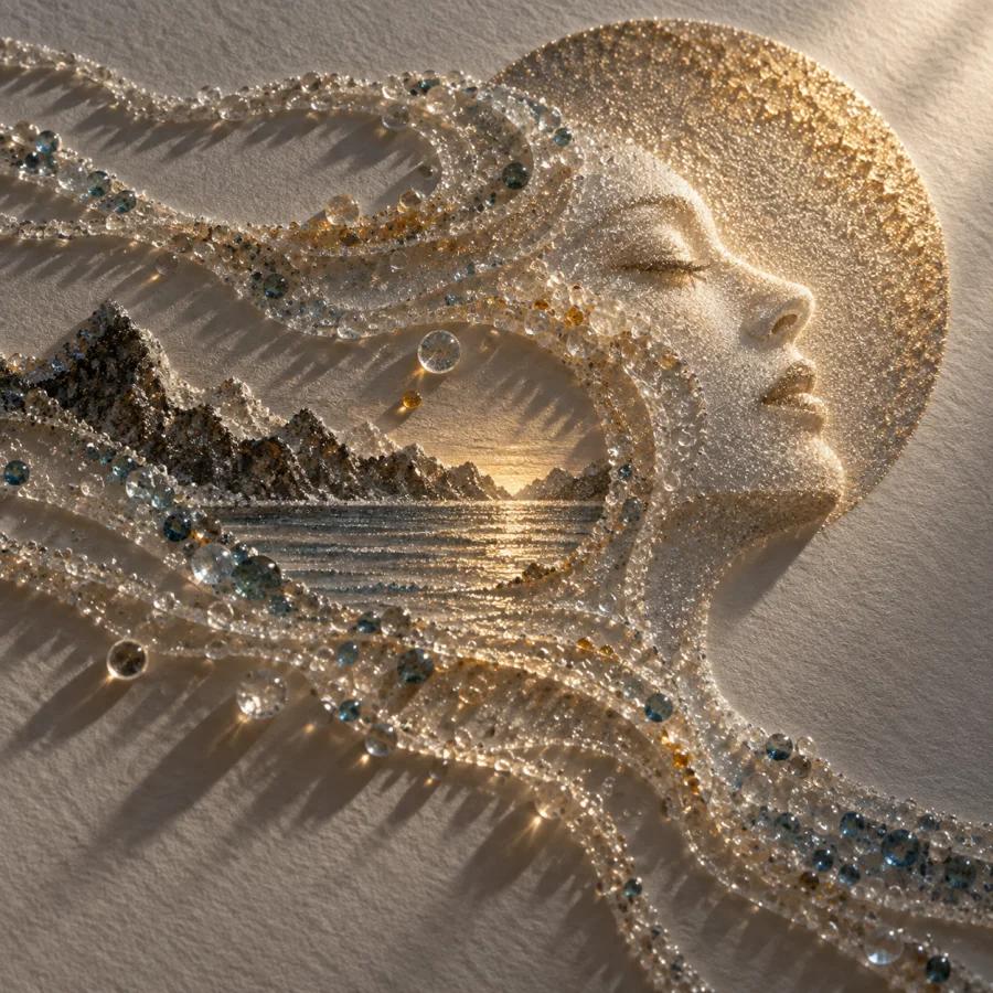 Glass-Sand Embossing: Raised translucent granular lines on matte paper, tactile glass dust and sharply raking light.