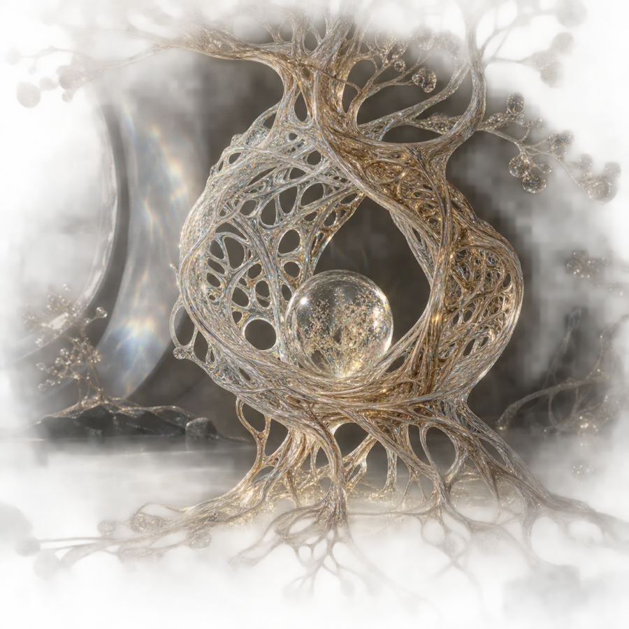 Glassroot Weaving: Transparent branching glass fibers woven like living roots, refracted light and tangled structural clarity.