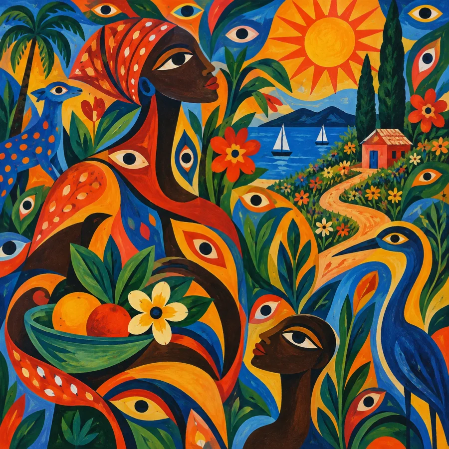 Haitian Saint-Soleil-Inspired Painting: Dense intuitive forms and radiant color