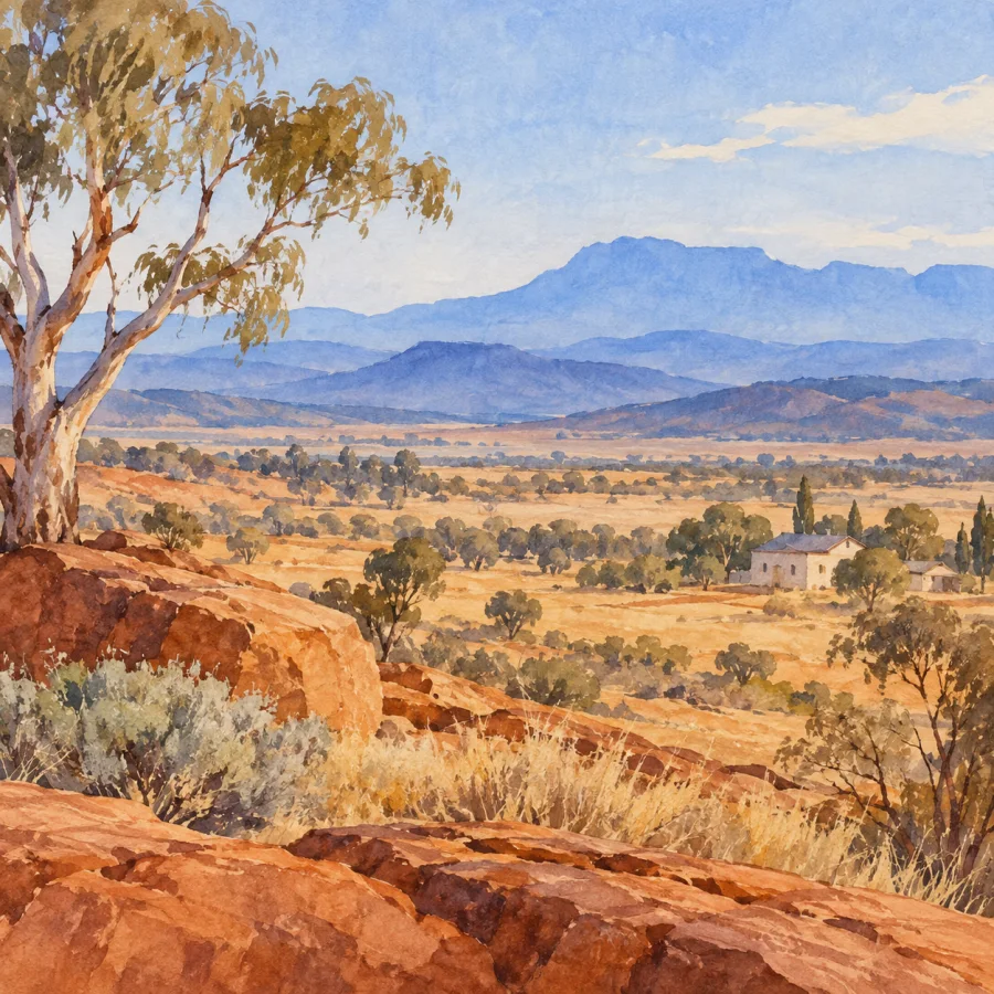 Hermannsburg-School Landscape: Transparent watercolor landscape, luminous blue distance, warm ocher earth, spare vegetation and clearly layered spatial planes.