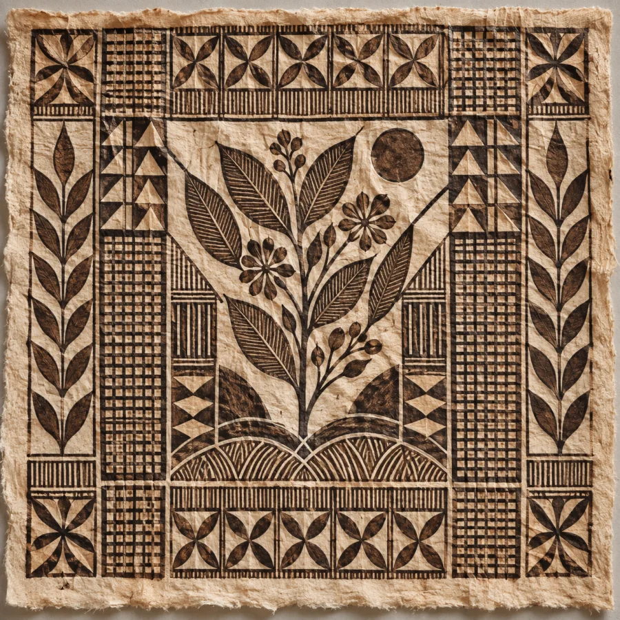 Hiapo-Inspired Barkcloth: Fine black-brown painted lines, densely nested grids and botanical geometry on fibrous cream barkcloth.
